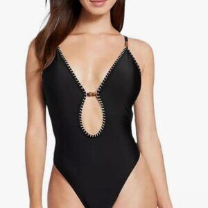Shade & Shore Women’s Beaded Detail Extra High Leg One Piece Swimsuit. Size Med